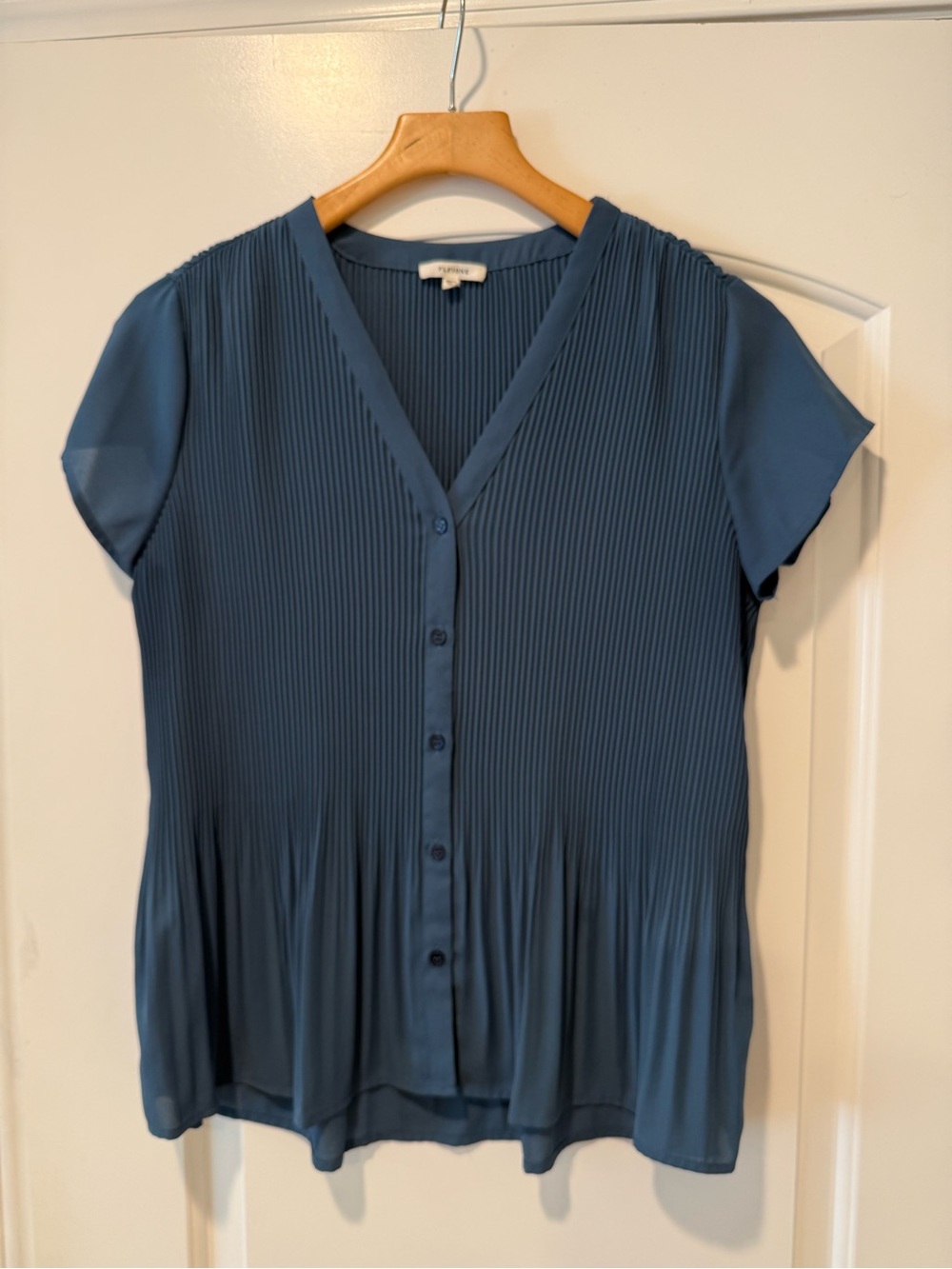 Pleione Blue Pleated V-Neck Button Front Blouse